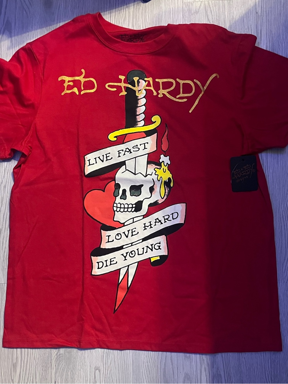 Ed Hardy Men’s Red Graphic Tee - Skull & Dagger "Live Fast Love Hard"